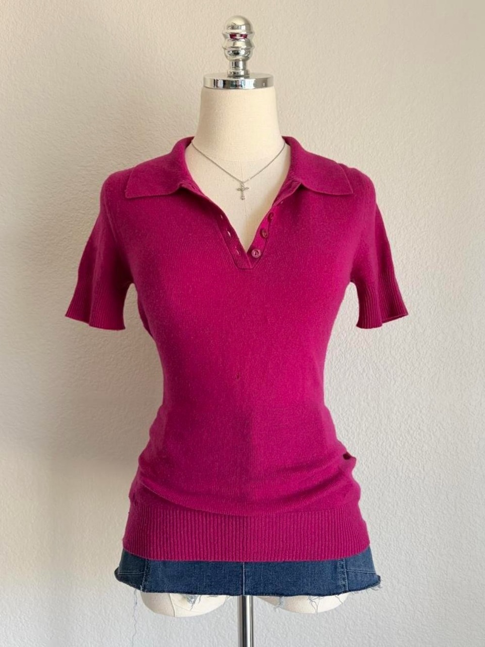 Magenta Polo Knit Short Sleeve Top